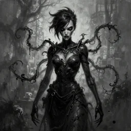 dark portrait painting of tracer from overwatch, in style of zdzisław beksinski, scary, horror, overwatch tracer character, dressed in dark garment, black tendrils, tall,