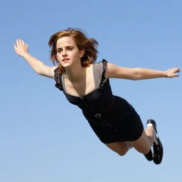 color photo of a flying emma watson