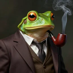frog mutant smokes pipe, wearing fancy suit,digital art,ultra realistic,ultra detailed,art by greg rutkowski,hyperdetailed,detailed face,professional lighting,dramatic,3 point lighting