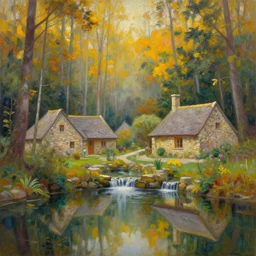 a painting of sparse stone cottages underneath a dense tall forest, with pristine reflex from cascading ponds. gorgeous, elegant, sophisticated, an ultrafine painting, intricate brush strokes, bright depth oil colors, photography by araken alcantara. mist diffuse promiseful illumination, autumn sunrise warm light, detailed and intricate environment of hopeful bodyscapes