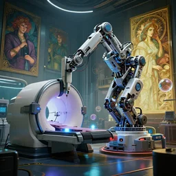 ( cyberpunk 2 0 7 7, bladerunner 2 0 4 9 ), a complex thick bifurcated robotic cnc surgical arm cybernetic symbiosis hybrid mri 3 d printer machine making a bio chemical lab, art by artgerm and greg rutkowski and alphonse mucha, cars, lens orbs, global illumination, octane render, architectural, f 3 2,