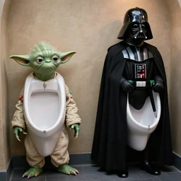 yoda and darth vader at separate urinals next to each other, photorealistic photography
