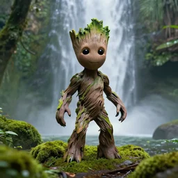 photorealistic wide shot focus portrait of Groot posing, under waterfall, jungle, green moss, bokeh, octane render, unreal engine 4k, volumetric lighting, mist, detailed