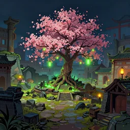 ancient city, ruins, tree with cherry blossoms in the middle, glowing green lights, lanterns, colorfully, dark mood, detailed illustration, dark climate, digital art, highly saturated colors, overdetailed art, concept art, detailed illustration, hd, 4 k, digital art, greg rutkowski, wlop, trending on artstation
