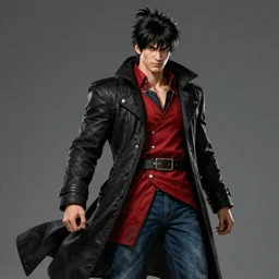 An epic fantasy comic book style portrait painting of a young man with black cowlick haircut, wearing black overcoat, red clothes,  blue jeans.  Unreal 5, DAZ, hyperrealistic, octane render, cosplay, RPG portrait, dynamic lighting