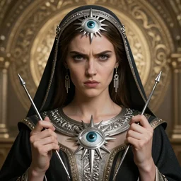 portrait of a beautiful female cleric with long hair and a angry face. She wear a silver detailed symetric amulet of a sun eye. And carry a long needle in his hands. Epic fantasy. beautiful. hyperrealism symetric face cinematic top lighting, insanely detailed and intricate, face by wlop, Charlie Bowater, golden ratio, symmetric, elegant, ornate, luxury, elite, matte painting, cinematic, trending on artstation, deviantart and cgsociety, 8k, high resolution