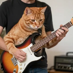 an orange tabby playing electric guitar