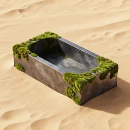 bath made of rectangle tetris, made of steel and moss, octane render, trending on artstation, on hard desert sand floor