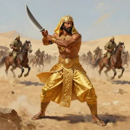 hellscape, indian raj machete weilding warrior, wearing golden lungi, full body view, flip flop sandals, hellscape, fighting for life, classicism artstyle, sharp brushstrokes, glowing eyes, islamic revolution, mongolian invasion of iraq, invading army background, horseback combat