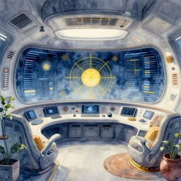 a beautiful illustration of futuristic cockpit of spaceship, panel, gui, sci - fi, big medium small, sacred geometry, golden ratio, in watercolor gouache detailed paintings, in style of syd mead, trending on artstation, 8 k, panel, hard surface, vent, zaha hadid, props, plant, cozy, decoration around the room, simon stalenhag, deus ex