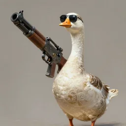 an anthropomorphic goose wearing sunglasses holding a very massive machine gun, diffuse lighting, fantasy, intricate, elegant, highly detailed, lifelike, photorealistic, digital painting, artstation, illustration, concept art, smooth, sharp focus, art by frank frazetta and marco bucci and loish and rossdraws and artgerm and alphonse mucha