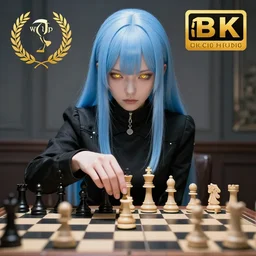 a pale girl playing chess, with golden eyes, straight sky blue hair, long bangs, black jacket, high collar, concept art, award winning photography, digital painting, cinematic, by wlop, anime key visual, wlop, 8 k, by ross tran, chengwei pan, paul kwon,