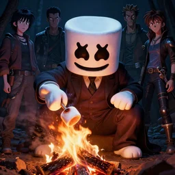 the notorious b. i. g. as a marshmellow getting roasted over a fire, dramatic lighting, chill vibe, unreal engine 5, shaded lighting poster by magali villeneuve, artgerm, jeremy lipkin and michael garmash, rob rey and kentaro miura style, trending on art station