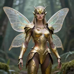 adult fairy warrior with insectoid armour, 4 k, hdr, smooth, sharp focus, high resolution, award - winning photo, anne stokes, photorealistic