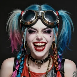 double long braids blue, brown steampunk big solid metall welding goggles, no makeup, tane skin, insane crazy laugh, harley quinn, portrait shinkai makoto artgerm rossdraws james jean marc simonetti highly detailed intricate matte sharp focus digital painting artstation pixiv