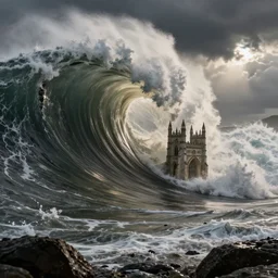 canterbury in the middle of a massive wave, matte painting, disaster, apocalyptic