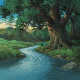 beautiful river flowing through a giant ancient tree, serene evening atmosphere, soft lens, soft light, cel - shading, animation, in the style of cgsociety, deviantart, artstation, zbrush, cinema 4 d, studio ghibli, akihiko yoshida, atelier lulua, masamune shirow
