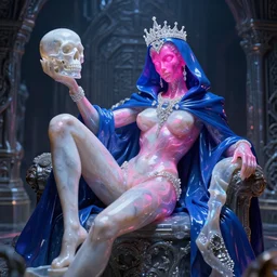 hyper detailed ultra sharp photo of fullbodied baroque and bladerunner delicate neon crystalline sculpture of seductive onyx albino marble prince zayn malik dotado pink iridescent humanoid deity wearing blue plastic hooded cloak holding an glass skull in a onyx alien dungeon, reclining, glowing magenta face, crown of white diamonds, cinematic lighting, photorealistic, octane render 8 k depth of field 3 d