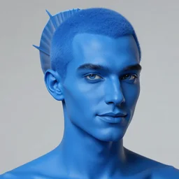 portrait of a [ blue skin ] male with blue skin and elegant smiling chiseled jaw, blue triton race from d & d, elf ears, beautiful man, blue hair in a ponytail cropped on the sides, white background, by edward hopper