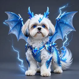 Blue Eyes White Dragon as a Shih Tzu, Dragon Scales, Wings, Lightning, Blue Armor