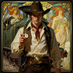 a dramatic ethereal epic symmetrical painting of a handsome villainous cowboy standing in front of a train locomotive | his shirt is unbuttoned and he has a pocketwatch | tarot card, art deco, art nouveau, ( steampunk ), homoerotic, realistic | by louis comfort tiffany and alphonse mucha | artstation