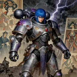 composition of gothic and futuristic young mainem, warhammer, activity with fight, cyber japan armor, more and more scars, thunderstorm, blue head, some purple, the middle ages, highly detailed, artstation, in the style of moebius, jugendstil and classic japanese print, art by james gurney and rene magritte