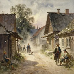 watercolor painting of rustic village street, dust, scandinavian mythology, ambient lighting and shadows, art by hans dahl, by jesper ejsing, art by anders zorn, wonderful masterpiece by greg rutkowski, cinematic light, american romanticism by greg manchess, creation by tyler edlin