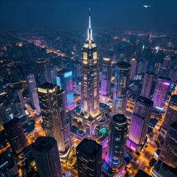 bird eye view colorful photograph of a futuristic city, science fiction, night lights, beautifully lit buildings, drone view, mystic hues, distant, sharp focus, volumetric lights, digital art, RTX, hyperrealistic, cinematic, acid pixie, by lee madgwick