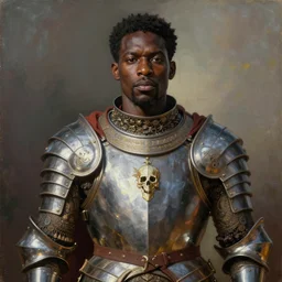 a professionally painting of Bishop daddy Bailey, clothed in ancient battle armor, dark skin, dark hair, beautiful bone structure, symmetrical facial features, stunningly beautiful, intricate, elegant, digital painting, smooth, sharp focus, illustration, from Kehinde Wiley and Kara Walker