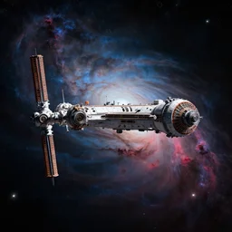 a science fiction space station, in nebula - filled space, side view, ultra realistic, superior quality