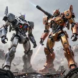 a battle between two giant mech suits, pacific rim, real steel, epic, 4 k, fantasy, high detail, futuristic, misty, sparks, lasers, cannons, volumetric lighting, cinematic, cyberpunk, movie poster, unreal engine, octane render, realistic