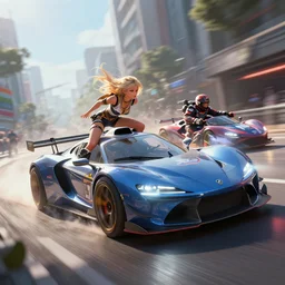 street race, digital art by julie bell and artgerm and ross tran and angel ganev, highly detailed, trending on artstationhq, lens flare, sharp focus, sharp, motion blur