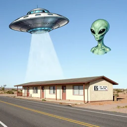a motel on route 6 6, seligman, arizona, ufo alien's, drawing by moebius