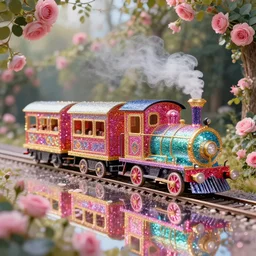 a beautiful picture depicts a glittering fairy tale, like a colorful train surrounded by pink roses and fairyland, by caspar david friedrich, filmic, photoshoot, ray tracing reflections