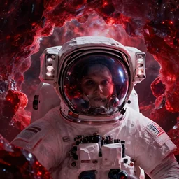 extreme close up astronaut portrait, red [ [ [ crystal ] ] ] caves, ruby, beautiful dynamic lighting, nebula sky, cinematic, wide angle establishing shot, extremely high detail, photo realistic, cinematic lighting, matte painting, interstellar, greg rutkowski, roger deakins