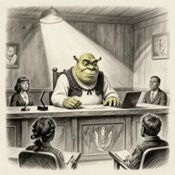 shrek on trial in courtroom, courtroom sketch, pencil sketch, judge, courtroom