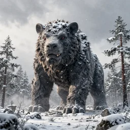 a monolithic monster in a taiga. snowing, grainy, overcast sky.