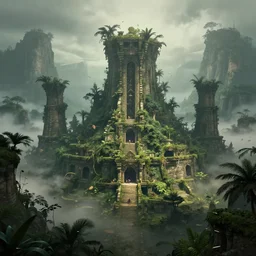 ancient jungle city, volumetric light, foggy, moody, trending on artstation, detailed