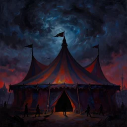 beautiful painting silhouette of dark colorfull evil circus tent, dark stormy dramatic sky, Moebius, frank frazetta, james gurney, thomas kinkade, rodney mathews, beeple, trending on artstation