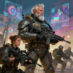 illustration of h. r. giger and liliia sitailo, artist paint in air colorful elements of bright sci - fi hologram elements, squad of swat ready for battle, dramatic, sharp focus, depth of field, highly detailed, artstation, digital art, volumetric light, dynamic, expression