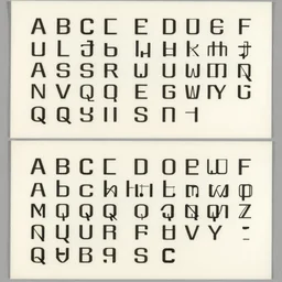 two rows of alien alphabet letters neatly printed on off white paper, wim crouwel