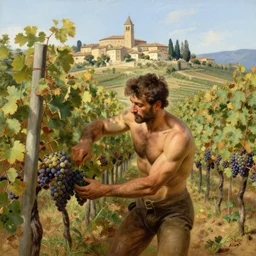 muscular, hairy male harvesting grapes in a vineyard, barolo village painting by gaston bussiere, craig mullins, j. c. leyendecker, tom of finland
