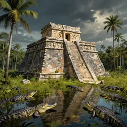 a partially sunken aztec temple in the florida everglades, overgrown, surrounded by alligators, dark, full color, in a historical illustration style