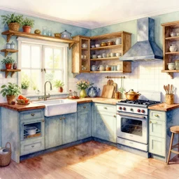 a hiper intricate watercolor of a beatiful kitchen, extremely detailed, sharp focus, wide view, smooth, digital illustration, colorfull, by william turner art, by greg rutowski