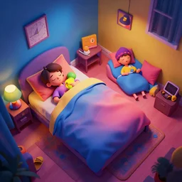 sleepover, colorful, contrast, 3 d scene, greg rutkowski, zabrocki, karlkka, jayison devadas, trending on artstation, 8 k, ultra wide angle, zenith view, pincushion lens effect