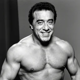 photograph of danny devito as a professional bodybuilder, happy facial expression, black and white photograph, 3 5 mm