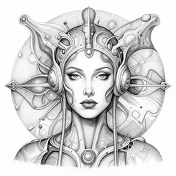 hyper detailed bw linear pencil drawing, woman portrait, cyberpunk, organic symmetric shapes by ernst haeckel