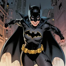 in the style of Phil Noto comicbook cover art, Karen Gillan Batgirl, fun pose, smile, cowl on