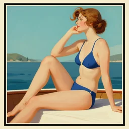 retro poster with a painting of a woman in a bathing suit sitting on a boat, an art deco painting by tom whalen, trending on behance, art deco, digital illustration, storybook illustration, art deco, flat shading, vector art, airbrush