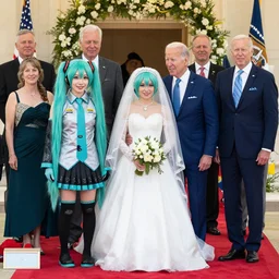 8 k professional photograph of president joe biden and pop star hatsune miku getting married